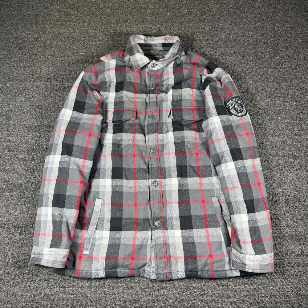 Aeropostale Mens Sherpa Lined Plaid Flannel Jacket Gray Red Black Size L